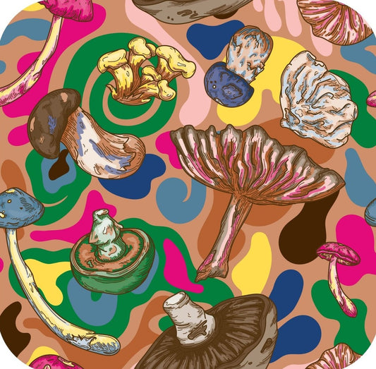 Psychedelic Forest Mushrooms With Brightly Colored Hippie Swirls Light Brown Premium Drink Coaster Resin With Cork Backing 261924 74909 261924