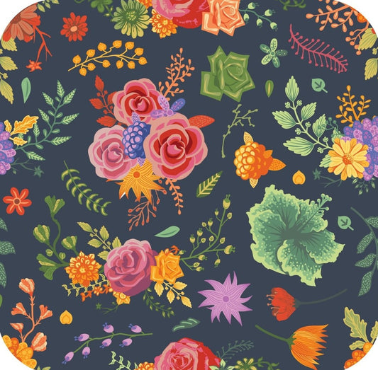 Brightly Colored Floral Pattern With Navy Ground V3 Premium Drink Coaster Resin With Cork Backing 261966 74951 261966