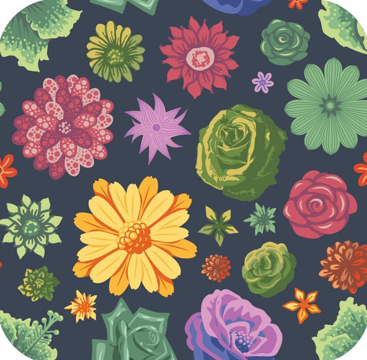 Brightly Colored Floral Pattern With Navy Ground V6 Premium Drink Coaster Resin With Cork Backing 261969 74954 261969
