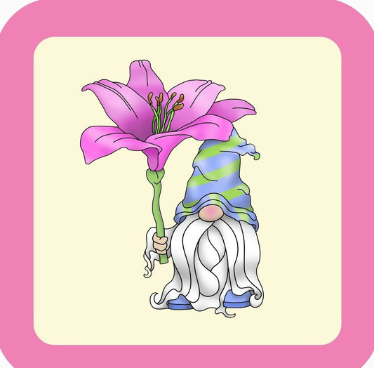 Gnome Holding Fuchsia Flower Premium Drink Coaster Resin With Cork Backing 261976 74961 261976