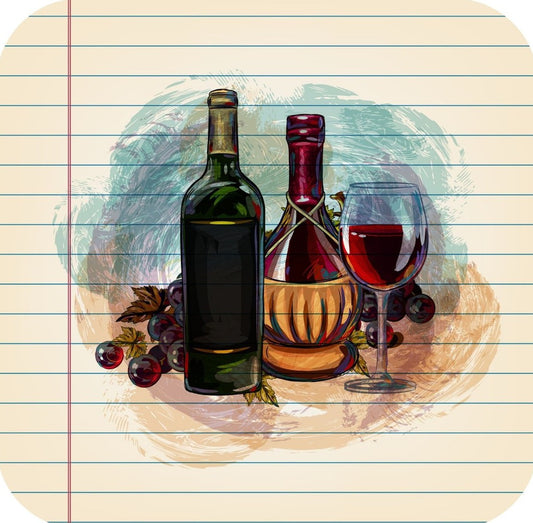 Grapes And Two Wine Bottles Drawing On Ruled Paper Premium Drink Coaster Resin With Cork Backing 261981 74966 261981