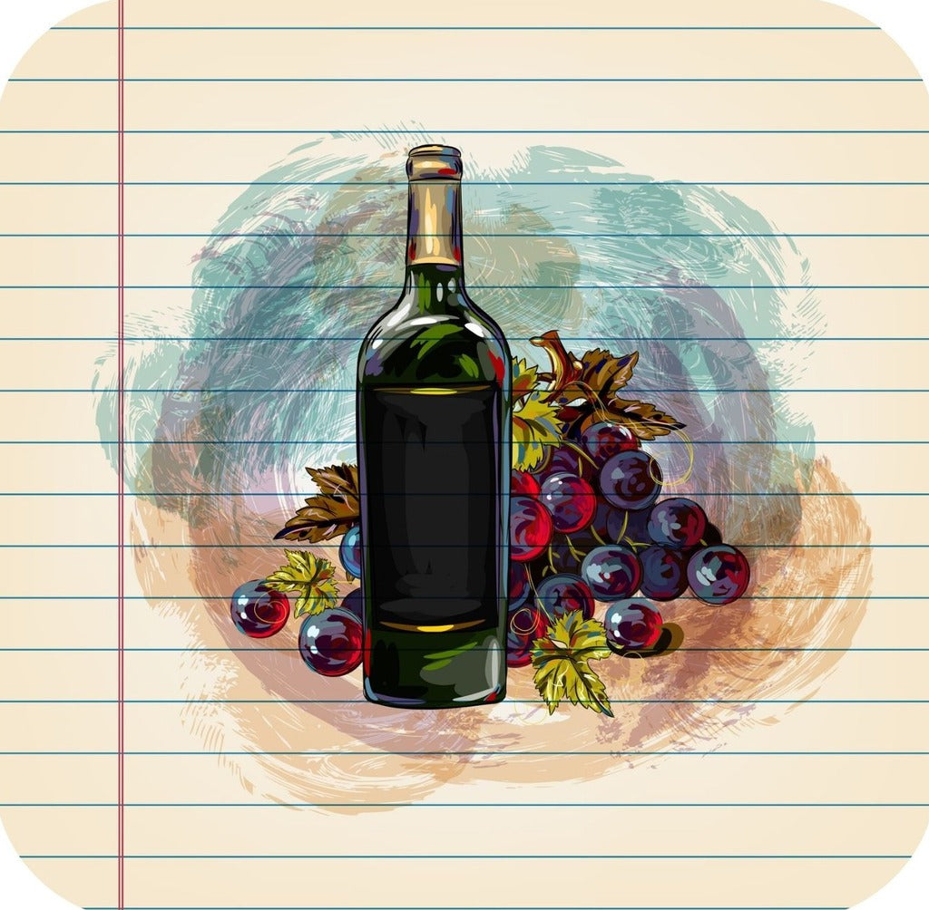 Grapes And Wine Bottle Drawing On Ruled Paper Premium Drink Coaster Resin With Cork Backing 261989 74974 261989