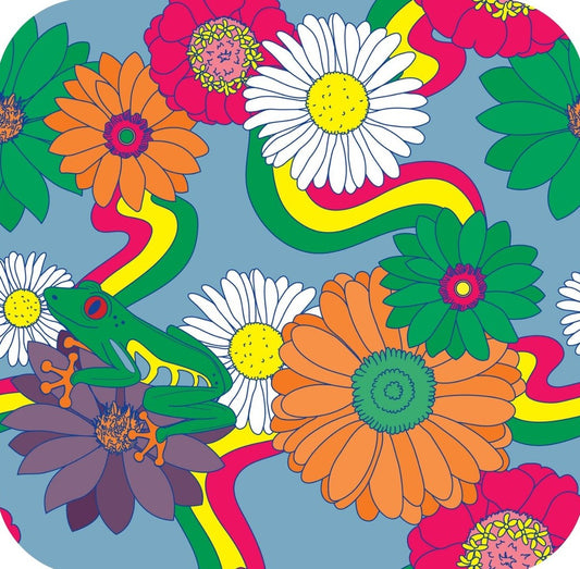 Groovy Retro 1970s Daisies Floral Light Blue Premium Drink Coaster Resin With Cork Backing 261993 74978 261993