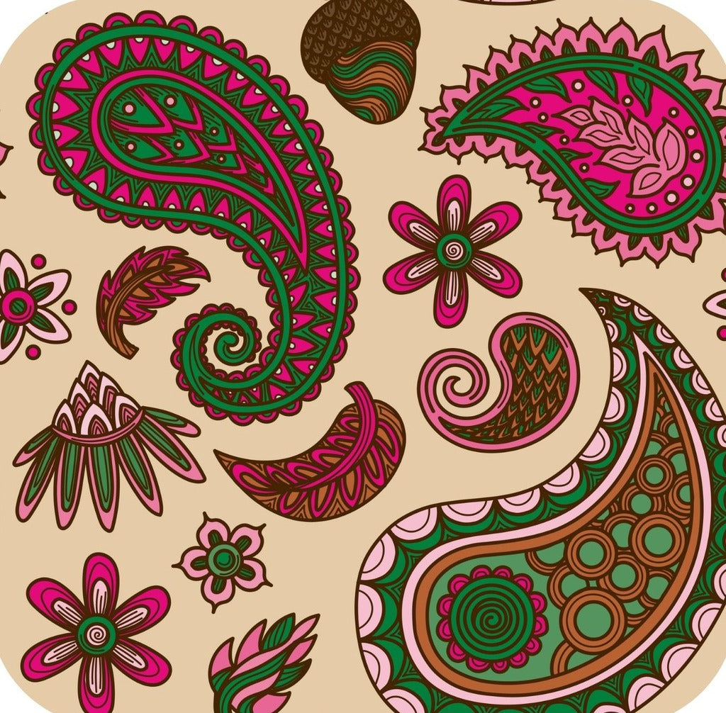 Hippie Paisley Fuchsia Green And Brown Premium Drink Coaster Resin With Cork Backing 261996 74981 261996