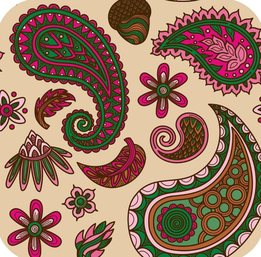 Hippie Paisley Fuchsia Green And Brown Premium Drink Coaster Resin With Cork Backing 261996 74981 261996