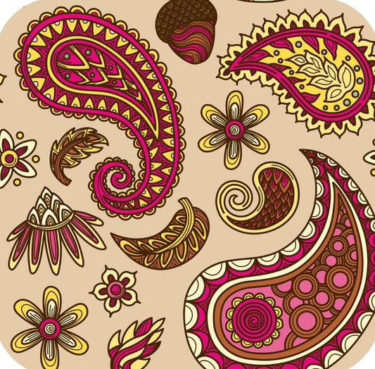 Hippie Paisley Fuchsia Yellow and Brown Premium Drink Coaster Resin With Cork Backing 261997 74982 261997