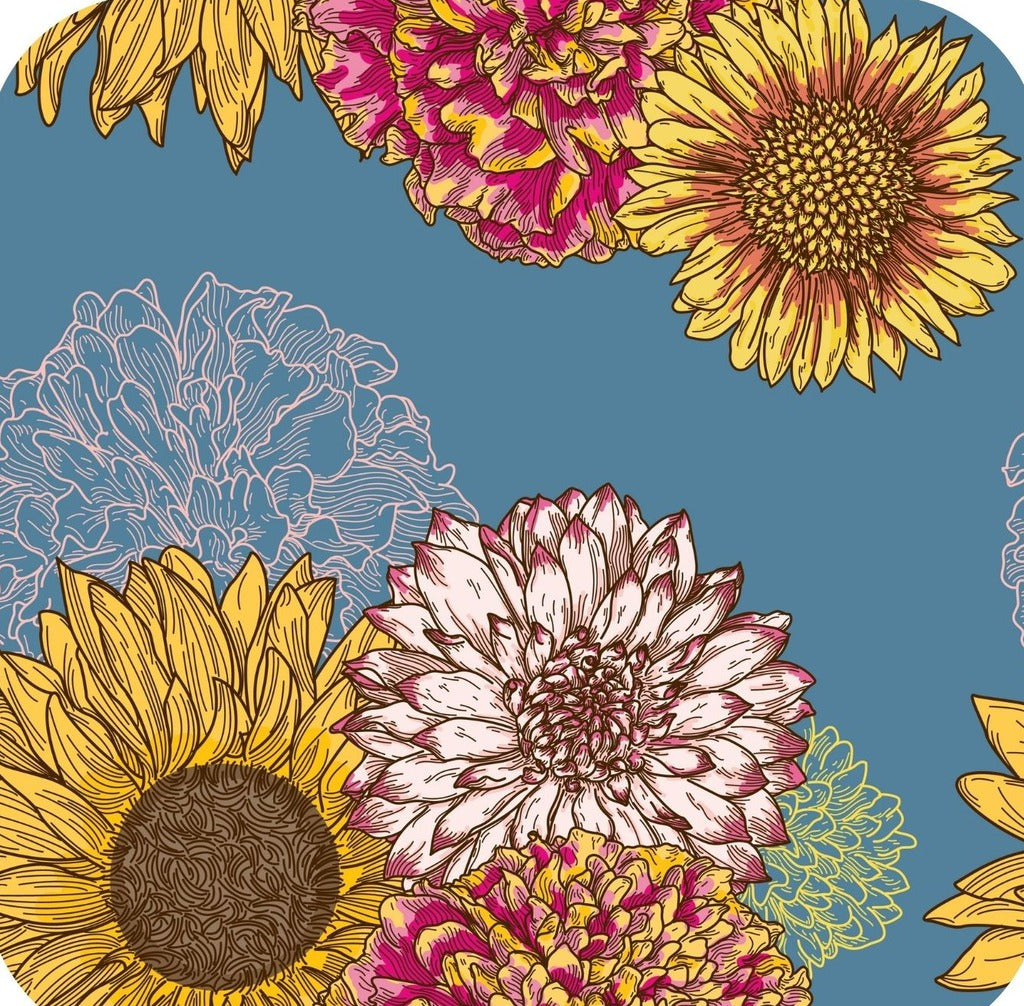 Autumn Floral Sunflowers Mums Blue Premium Drink Coaster Resin With Cork Backing 262053 75038 262053