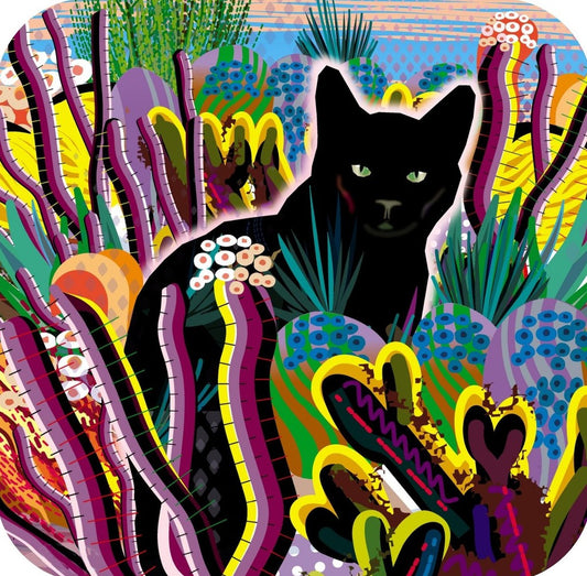 Black Cat In Fantasy Garden Surrounded By Cactus Premium Drink Coaster Resin With Cork Backing 262059 75044 262059