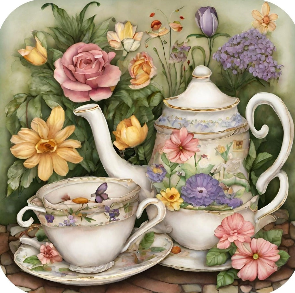 Floral Tea Pot And Matching Teacup Sitting On Tile Table Surrounded By Flowers Premium Drink Coaster Resin With Cork Backing 262231 2421 262231