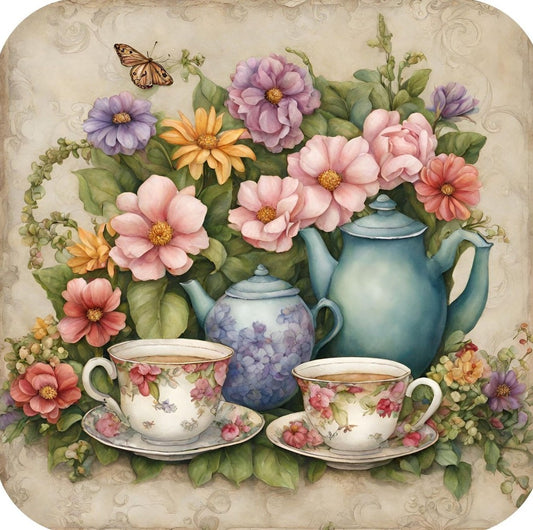 Floral Tea Cups With Blue Tea Posts Nestled In Flowers Premium Drink Coaster Resin With Cork Backing 262232 2422 262232