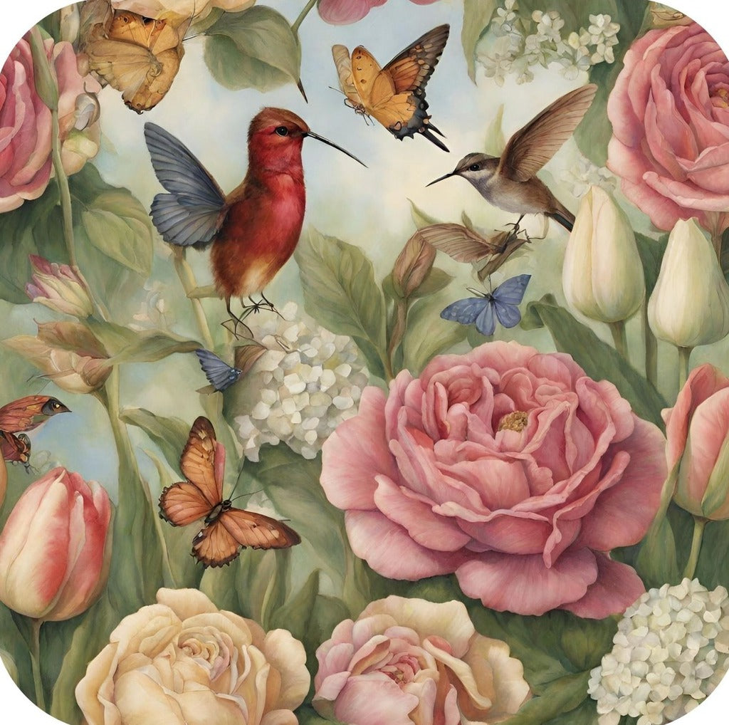 Hummingbirds And Butterflies Surrounded By Roses And Tulips Premium Drink Coaster Resin With Cork Backing 262233 2423 262233