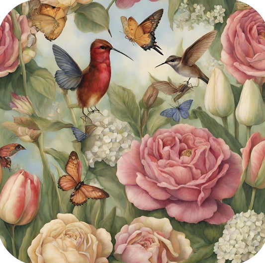 Hummingbirds And Butterflies Surrounded By Roses And Tulips Premium Drink Coaster Resin With Cork Backing 262233 2423 262233