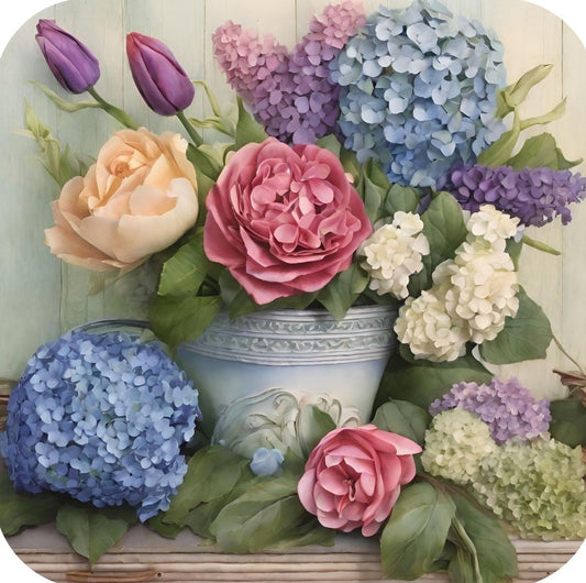 Hydrangea Tulips Roses And Hyacinth Arranged In Stoneware Pot Premium Drink Coaster Resin With Cork Backing 262234 2424 262234