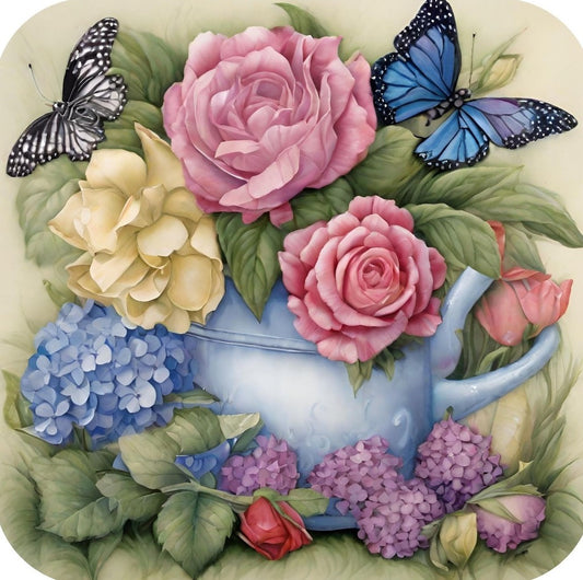 Roses And Hyacinth Arranged In Blue Pitcher With Butterflies Premium Drink Coaster Resin With Cork Backing 262235 2425 262235
