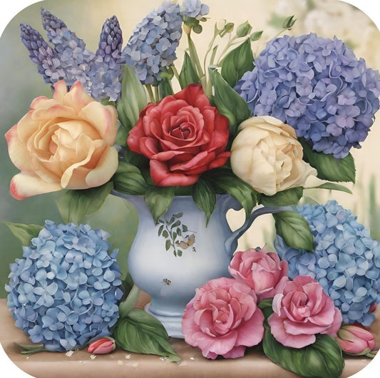 Roses Hydrangea And Hyacinth Arranged In White Pitcher With Decorative Vine And Butterfly Design Premium Drink Coaster Resin With Cork Backing 262236 2426 262236