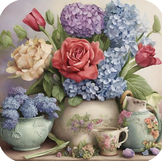 Roses Tulips And Hydrangea Arranged In Decorate Containers Premium Drink Coaster Resin With Cork Backing 262237 2427 262237