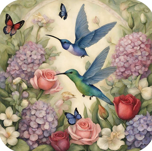 Blue And Green Hummingbirds Flying Amongst Roses And Hyacinth Premium Drink Coaster Resin With Cork Backing 262239 2429 262239