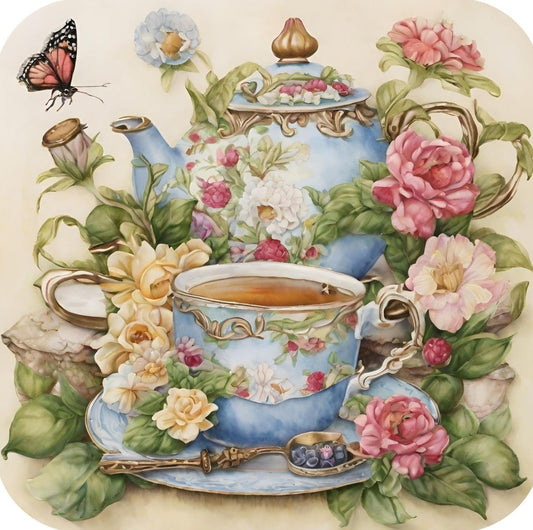 Vintage Blue Floral Teapot And Teacup Surrounded By Pink And Cream Roses Premium Drink Coaster Resin With Cork Backing 262240 2430 262240