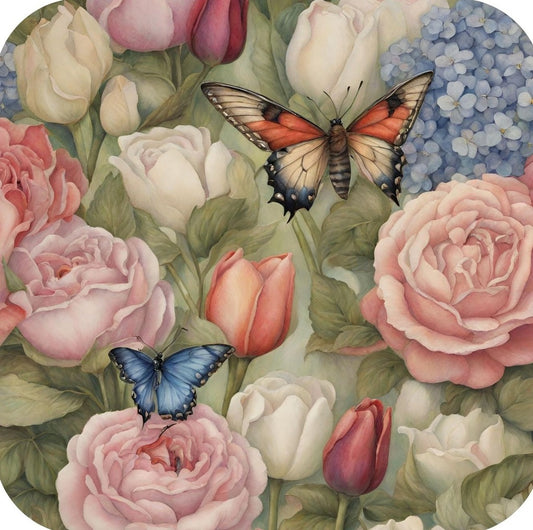 Butterflies Flying Amongst Roses Tulips and Hyacinth Premium Drink Coaster Resin With Cork Backing 262245 2435 262245