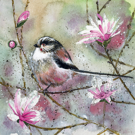LONG TAILED TIT AND MAGNOLIA BLANK CARD AC855