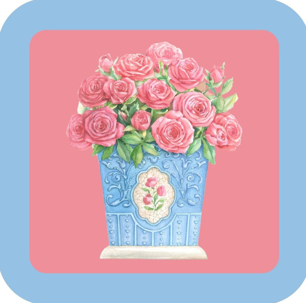 Carols Rose Garden Watercolor Pink Rose Blue Vase Flower Drink Coaster 264919 2520 264919