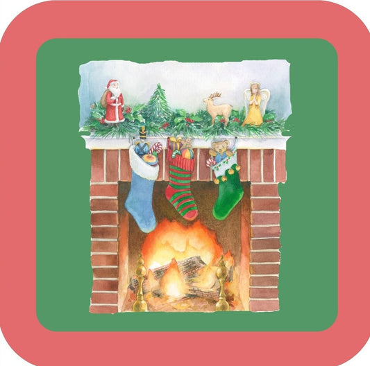Carols Rose Garden Holiday Whimsy  Holiday Fireplace Decorated With Stockings Santa Angel And Garland H-CMS474 Drink Coaster 265050 2616 265050