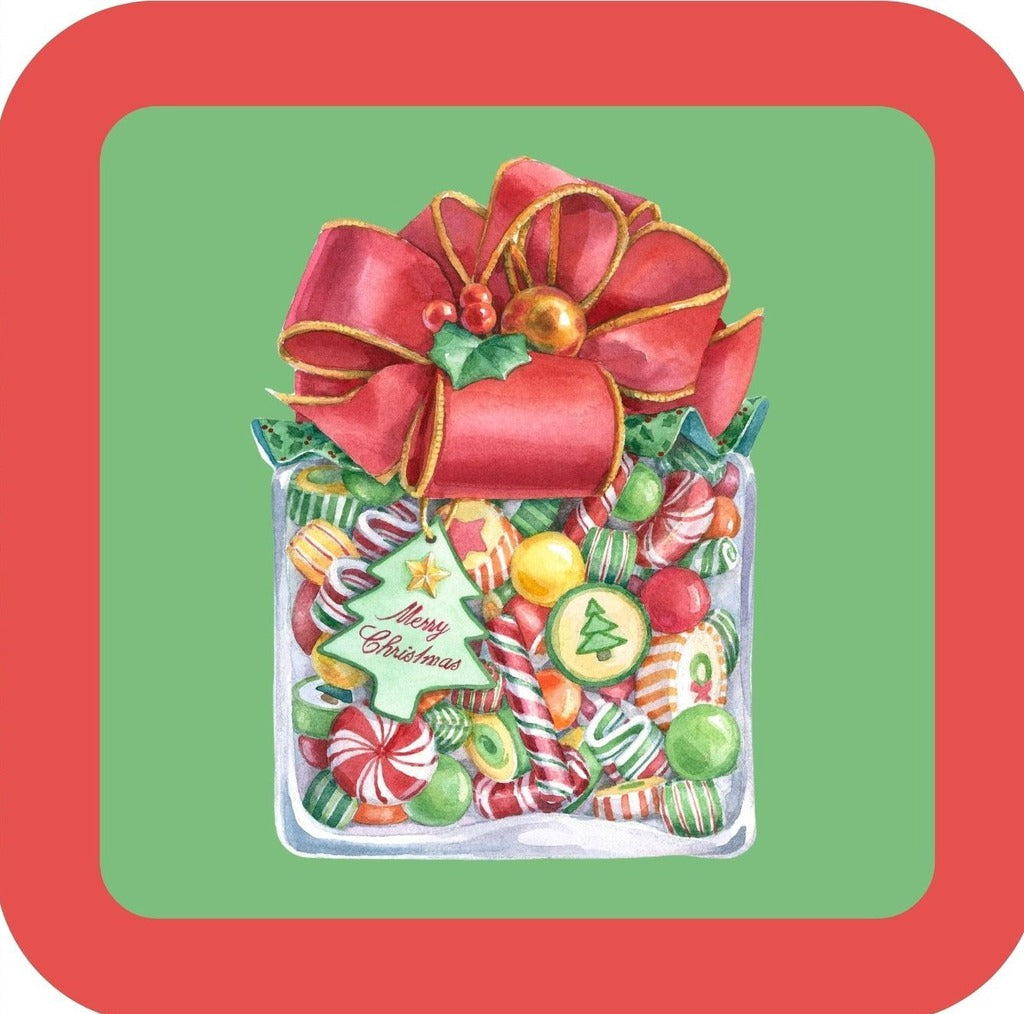 Carols Rose Garden Holiday Whimsy Candy Jar Decorated With Red Ribbon And Christmas Ornament H-CMS179 Drink Coaster 265063 2629 265063