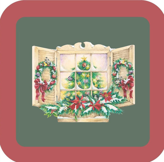 Carols Rose Garden Holiday Whimsy Decorated Window Box With Wreaths And Look Inside The House To Tree H-CMS428 Drink Coaster 265067 2633 265067