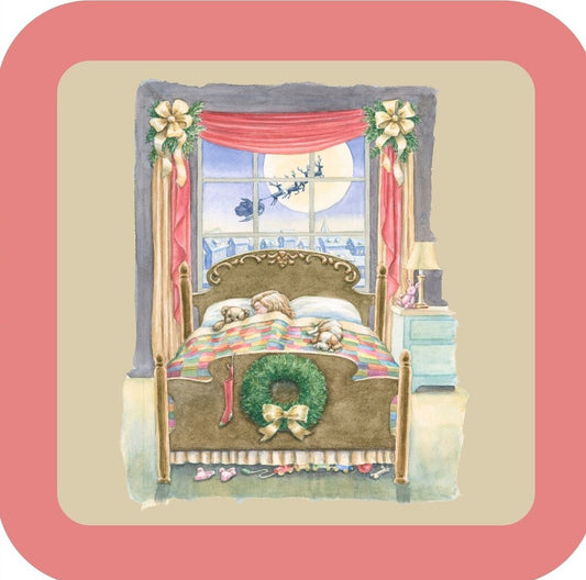 Carols Rose Garden Holiday Whimsy Little Girl Tucked INto Bed With Teddy Bear Santa Seen Flying In Moonlight H-CMS400 Drink Coaster 265077 2643 265077