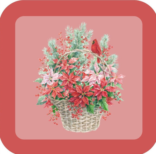 Carols Rose Garden Holiday Whimsy Poinsettias Arranged In Basket With Berries And Greenery Cardinal Sitting On Handle H-CMS299 Drink Coaster 265084 2650 265084