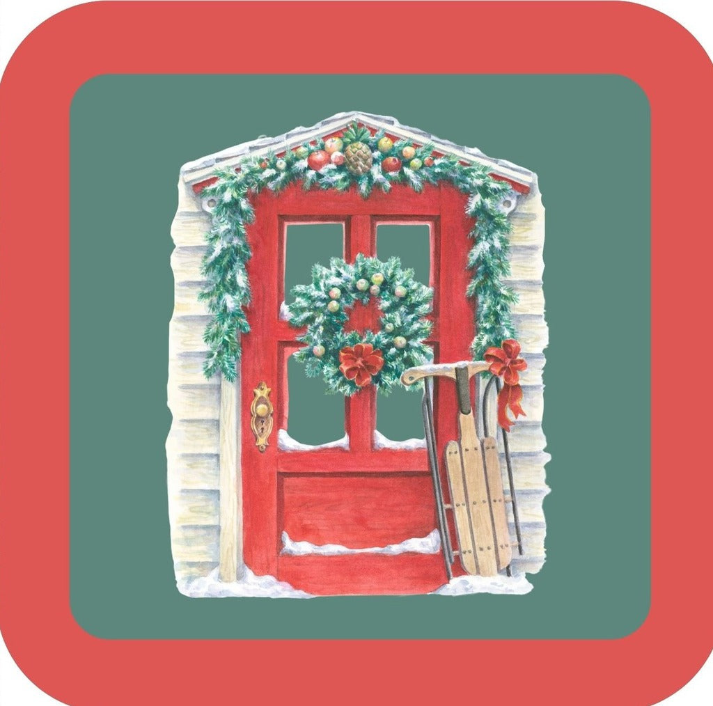 Carols Rose Garden Holiday Whimsy Red Door Decorated With Wreath Garland And Sled H-CMS402 Drink Coaster 265091 2657 265091