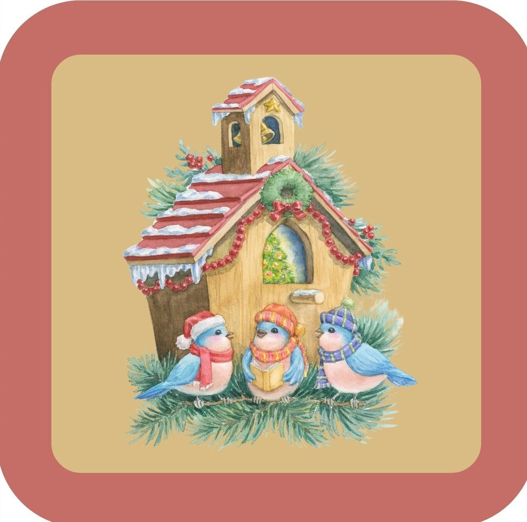 Carols Rose Garden Holiday Whimsy Three Bluebirds Sitting On Decorated Birdhouse H-CMS040 Drink Coaster 265105 2671 265105