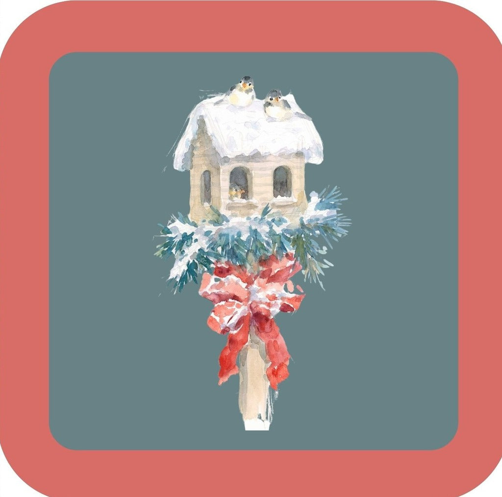 Carols Rose Garden Holiday Whimsy Two Birds Sitting On Snow Covered Birdhouse On Post H-CMS033 Drink Coaster 265111 2677 265111