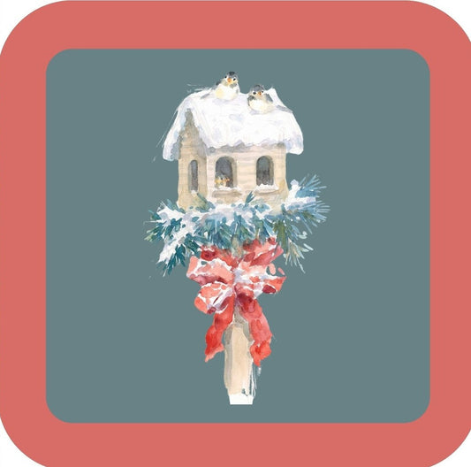 Carols Rose Garden Holiday Whimsy Two Birds Sitting On Snow Covered Birdhouse On Post H-CMS033 Drink Coaster 265111 2677 265111