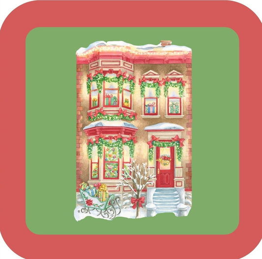 Carols Rose Garden Holiday Whimsy Victorian Row House Fully Decorated For Holidays Garlands Bows Sleigh H-CMS133 Drink Coaster 265114 2680 265114