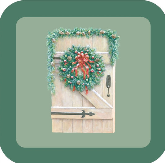 Carols Rose Garden Holiday Whimsy Wooden Door Iron Trim Decorated With Holiday Wreath And Garland H-CMS406 Drink Coaster 265115 2681 265115