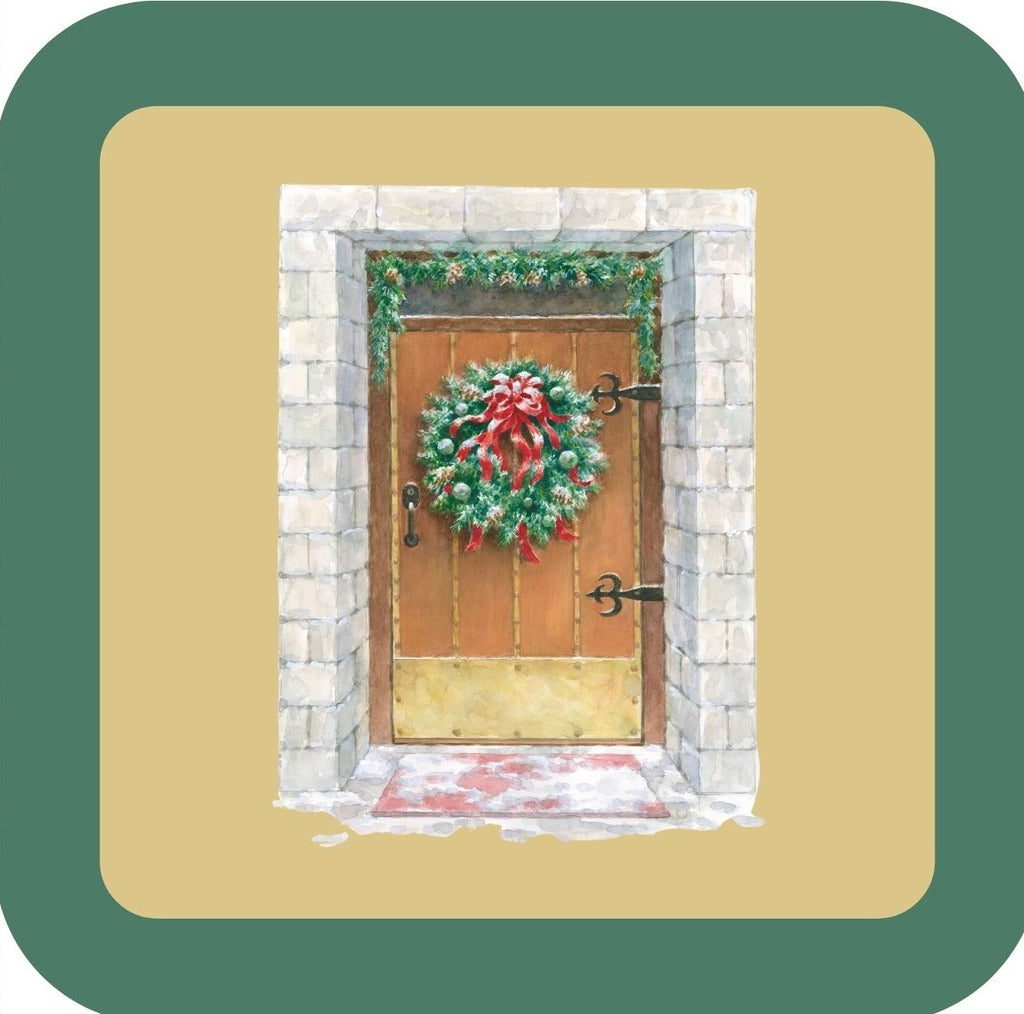 Carols Rose Garden Holiday Whimsy Wooden Door Iron Trim Decorated With Holiday Wreath And Garland With Stone Surround H-CMS405 Drink Coaster 265116 2682 265116