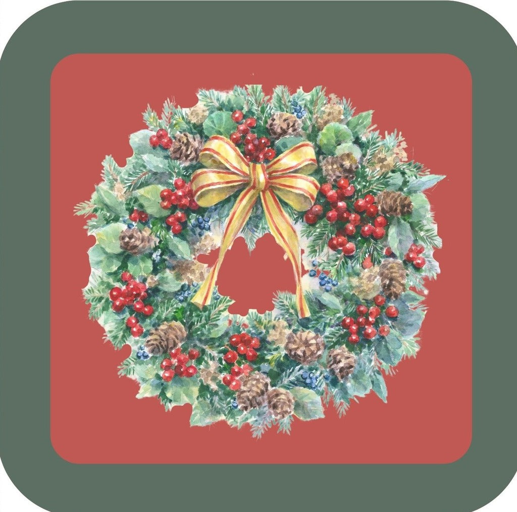 Carols Rose Garden Holiday Whimsy Wreath Decorated With Pine Cones Holly Berries Red And Gold Ribbon H-CMS493 Drink Coaster 265120 2686 265120