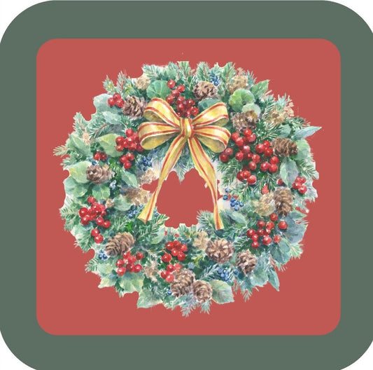 Carols Rose Garden Holiday Whimsy Wreath Decorated With Pine Cones Holly Berries Red And Gold Ribbon H-CMS493 Drink Coaster 265120 2686 265120