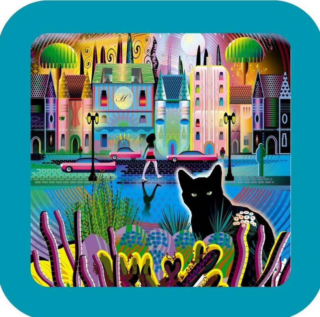 Black Cat City Street Fantasy Premium Drink Coaster Resin With Cork Backing NC266649 267047