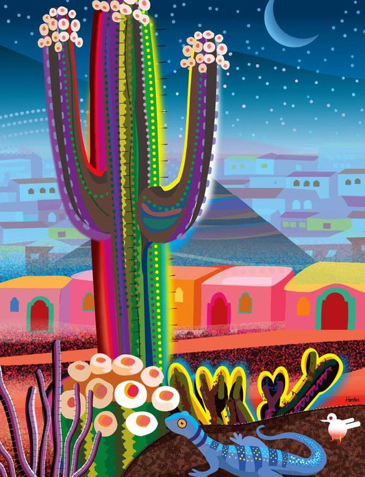 Desert Town At Night Flowering Cactus Gecko Southwest Folk Art Box of 10 Blank Note Cards 4x5 267123