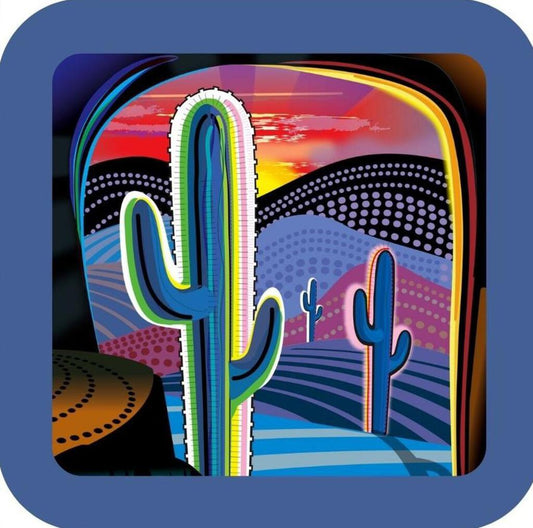 Desert Saguaro Cactus Vivid Sunset Folk Art Premium Drink Coaster Resin With Cork Back 267135