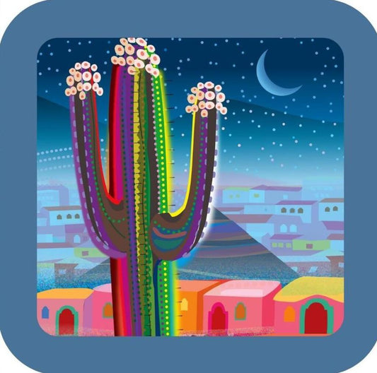 Desert Town At Night Flowering Cactus Gecko Southwest Premium Drink Coaster Resin Cork Back 267139
