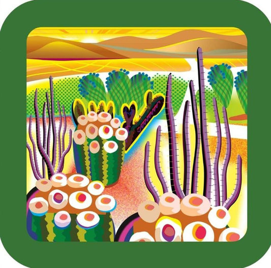 Bright Desert Cactus Mountains Southwest Folk Art Premium Drink Coaster Resin Cork Back 267140