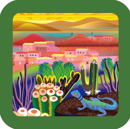 Desert Cactus Mountains In Distance Southwest Folk Art Premium Drink Coaster Cork Back 267143