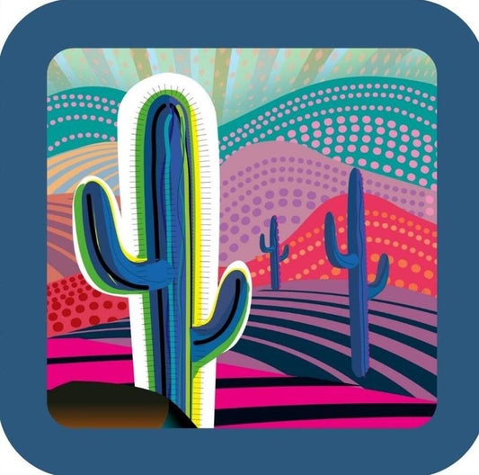 Sunrise Mountain Landscape Desert Saguaro Cactus Folk Art Premium Drink Coaster Cork Back 267144