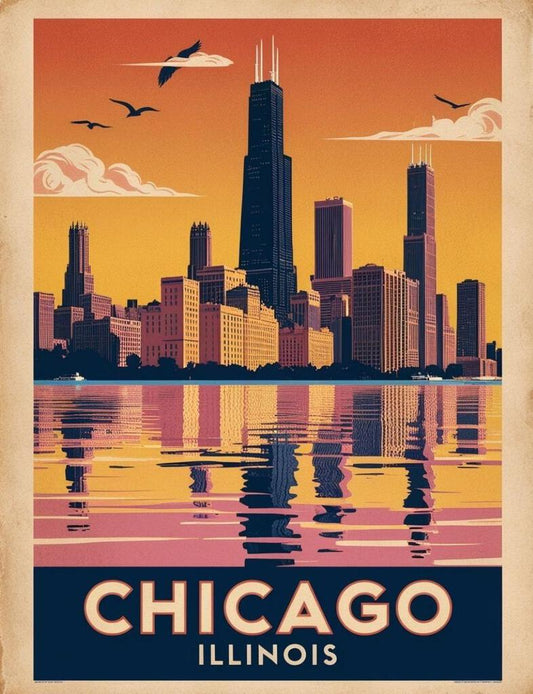 Chicago Illinois Skyline Travel Poster Art Box of 10 Blank Note Cards 4x5 267265