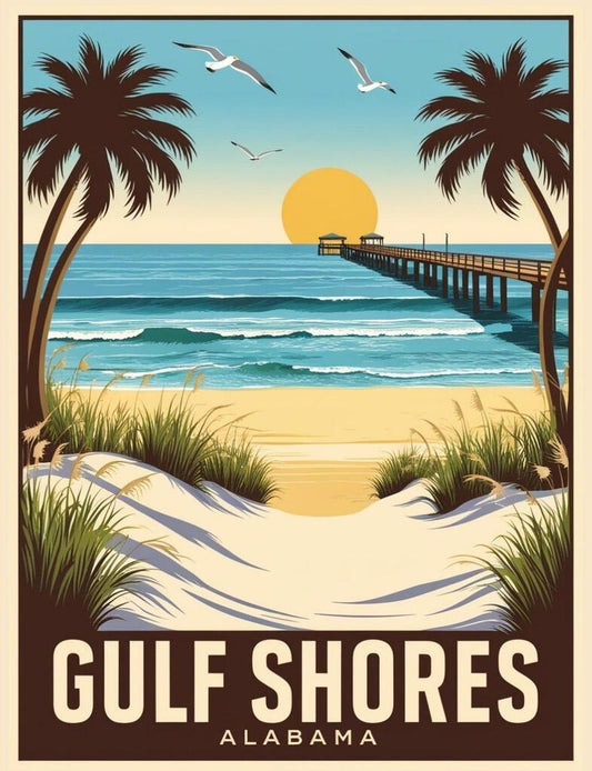 Alabama Gulf Shores Beach Gulf Of Mexico Retro Travel Poster Art Box of 10 Blank Note Cards 4x5 267276