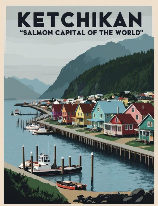 Alaska Ketchikan Salmon Capital Retro Travel Poster Art Box of 10 Blank Note Cards 4x5 267284