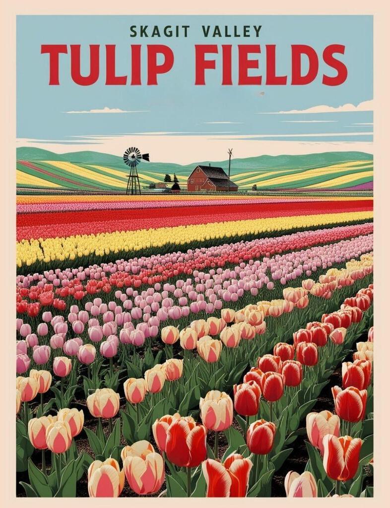 Washington Skagit Valley Tulip Fields Retro Travel Poster Art Box of 10 Blank Note Cards 4x5 267296